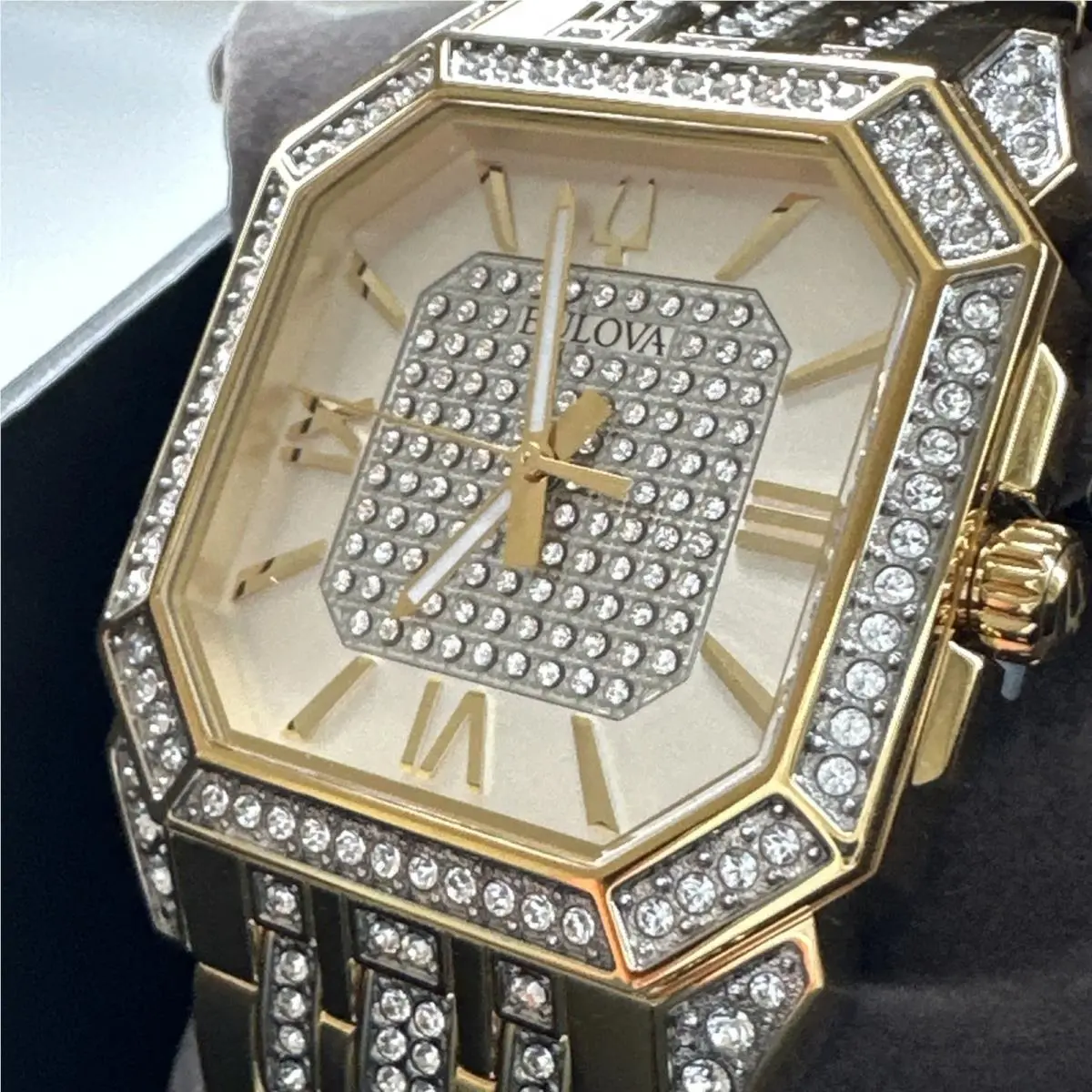 Bulova Mens Crystal Octava Quartz Gemmed Gold Stainless Steel Watch 40 MM 98A295 - Dial: Silver, Band: Gold, Bezel: Gold
