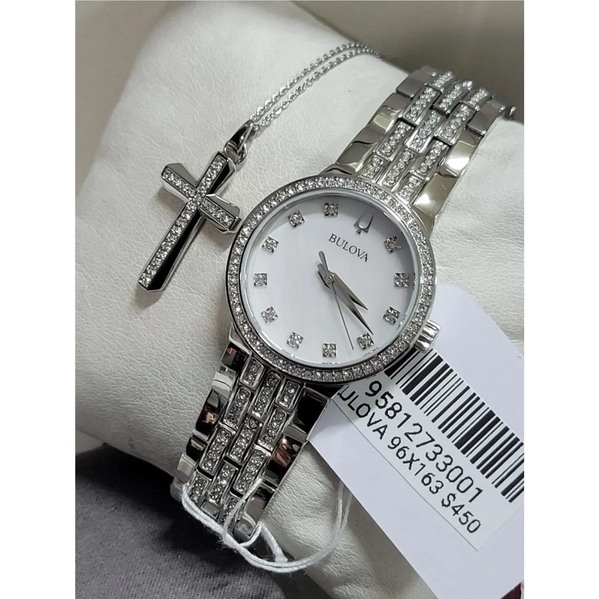 Bulova Quartz Crystal White Mop Dial Ladies Watch and Necklace Set 96X163 - Dial: White Mother of Pearl, Band: Silver-tone, Bezel: Silver-tone