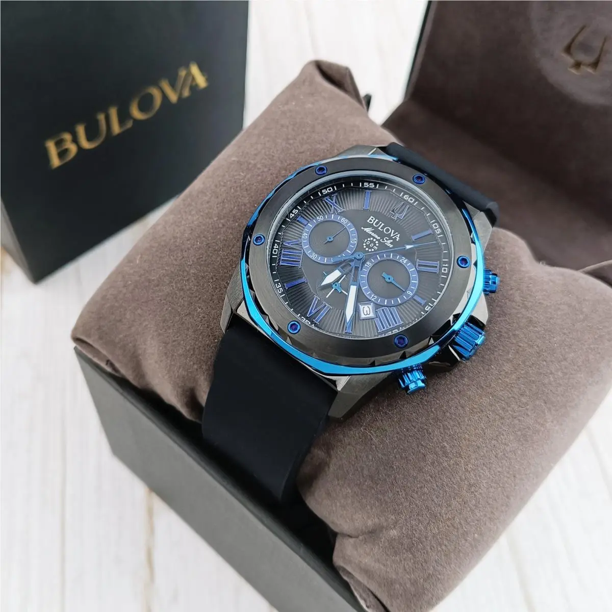 Marine Star 98B308 Men`s Black Dial Silicone Strap Chronograph Watch 45mm by Bulova