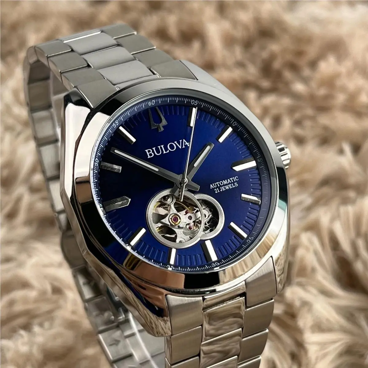 Bulova Surveyor 42mm Blue Dial Chronograph Stainless Steel Men`s Watch 96A275 - Dial: Black, Blue, Band: Silver, Bezel: Silver