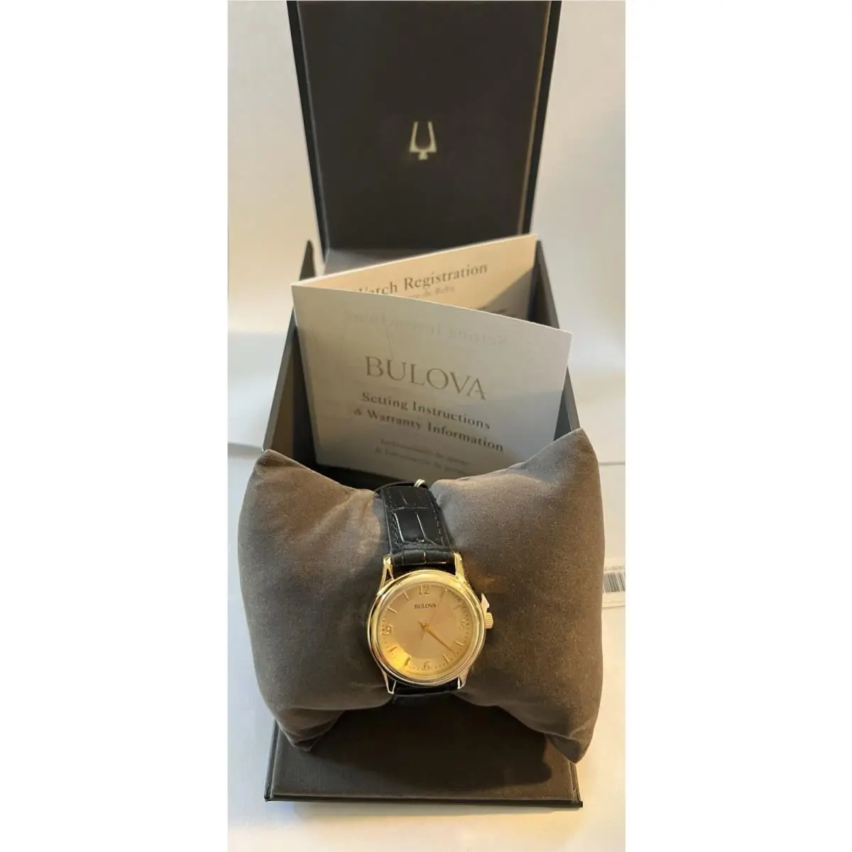 Bulova Womens Watch 97V25 Gold Dial Black Leather Band Round Gilt Ladies Dressy