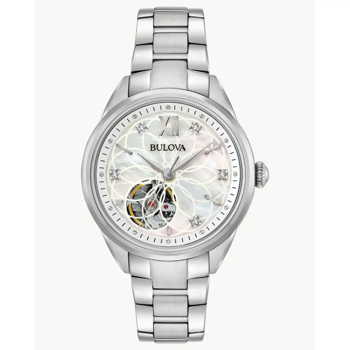 Bulova Ladies Sutton Automatic Open Aperture Mother OF Pearl Dial Watch 96P181 - Dial: White, Band: Silver, Bezel: Silver