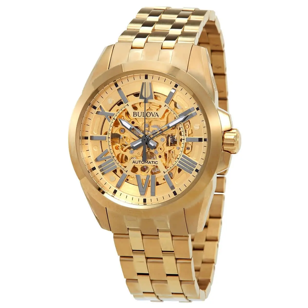 Bulova Sutton Automatic Gold Skeleton Dial Men`s Watch 97A162 - Dial: Gold, Band: Gold, Bezel: Yellow Gold-tone