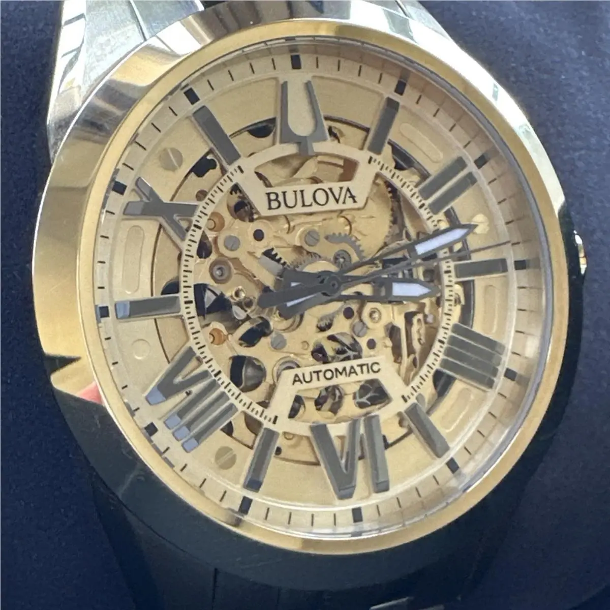 Bulova Sutton Automatic Gold Skeleton Dial Men`s Watch 97A162 - Dial: Gold, Band: Gold, Bezel: Yellow Gold-tone