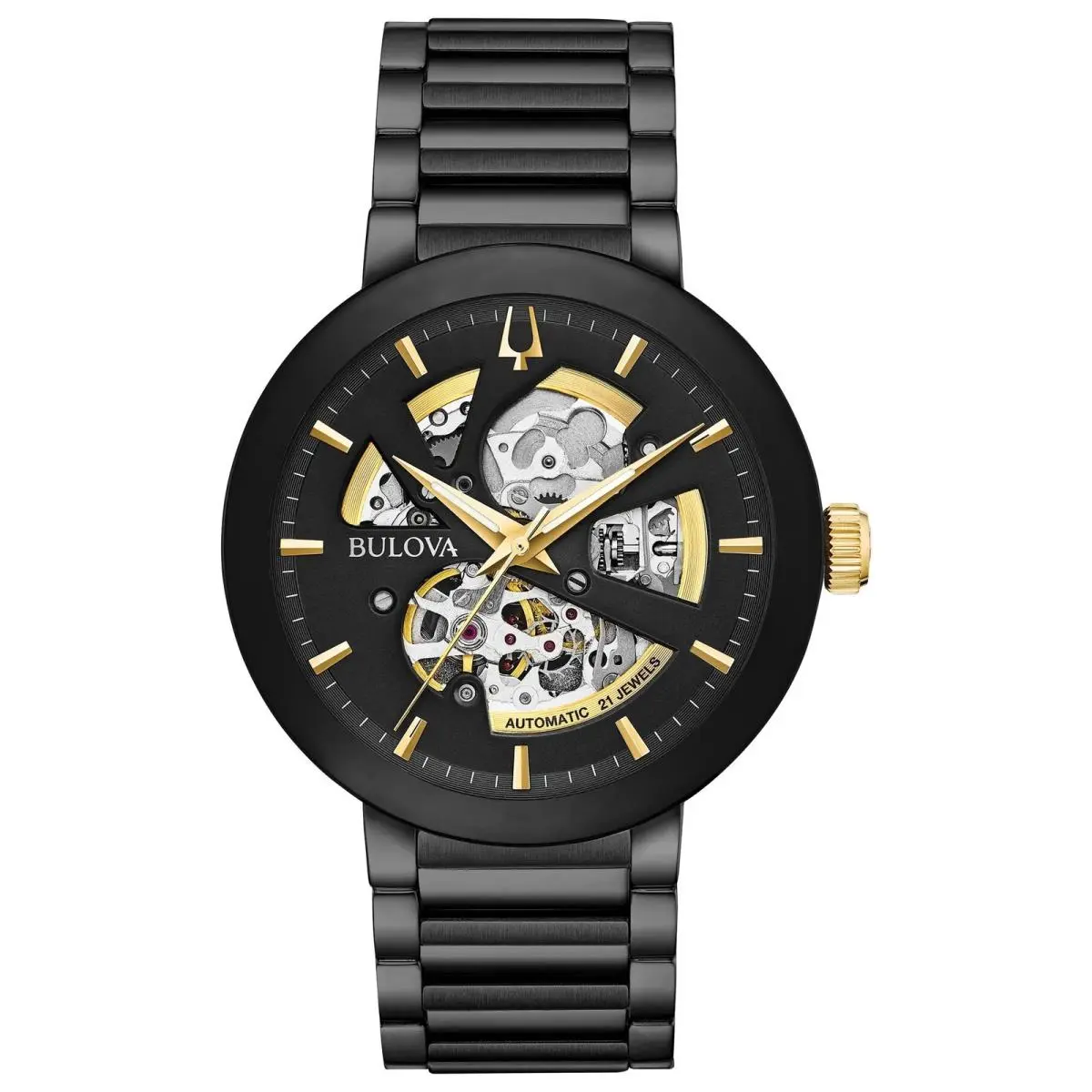 Bulova Futuro Modern 98A203 Men`s Black IP Stainless Steel Skeleton Dial Watch - Dial: Black & Gold
