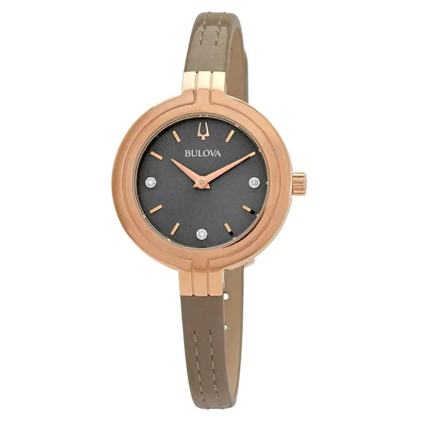 Bulova 97P143 Rhapsody Taupe Rose Gold Diamond Dial Taupe Leather Womens Watch - Dial: TAUPE, Band: TAUPE, Bezel: Rose Gold