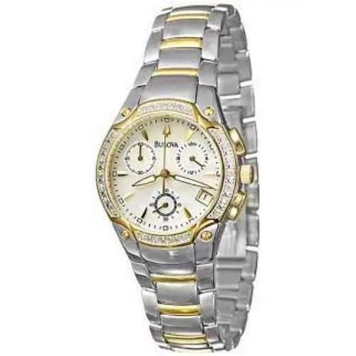 Bulova Ladies Two Tone Mop Diamond Quartz Chronograph Watch 98R005 - Dial: MOP, Band: Gold, Silver, Bezel: Gold