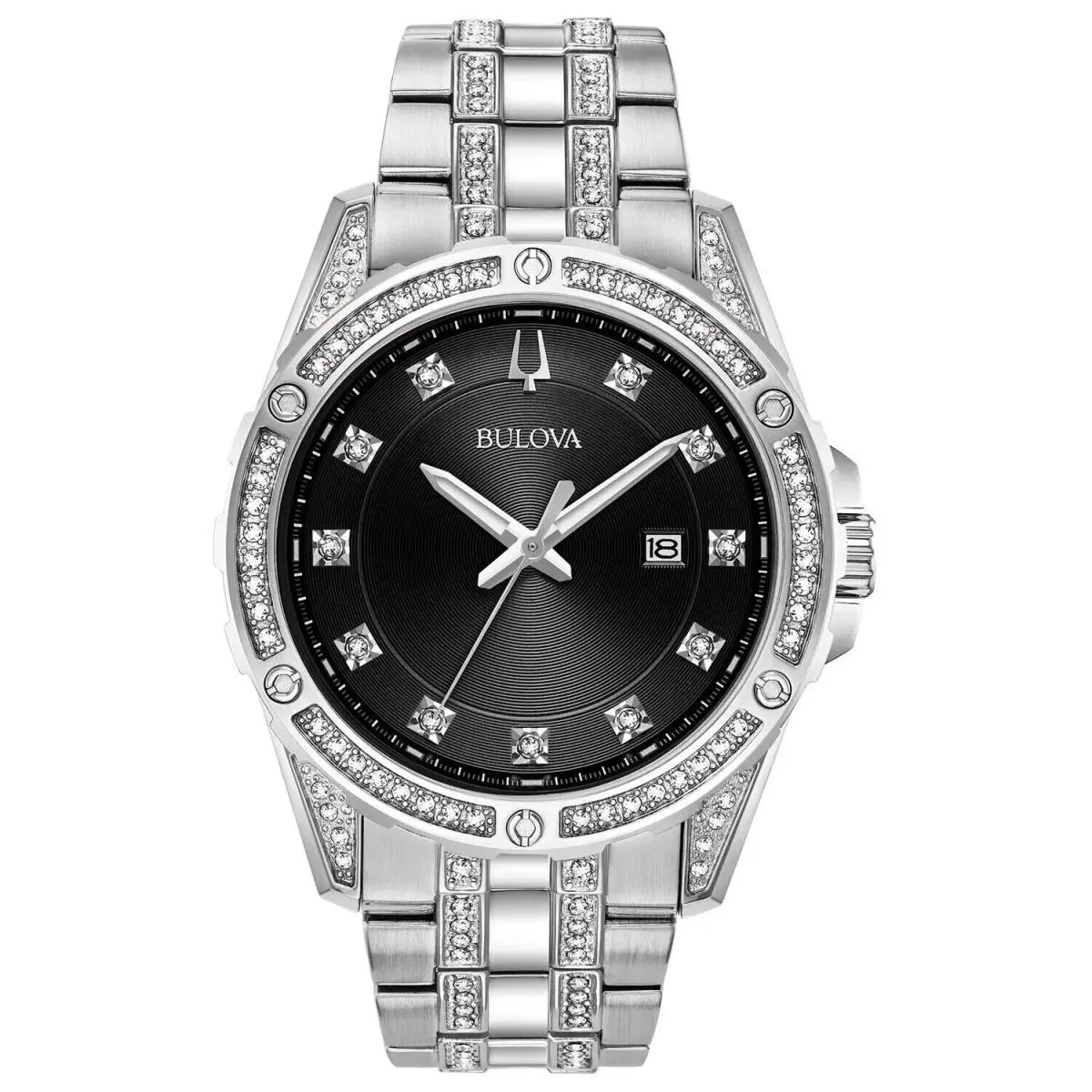 Bulova 96K104 Crystal Accented Silver Tone St. Steel Black Dial Men`s Watch