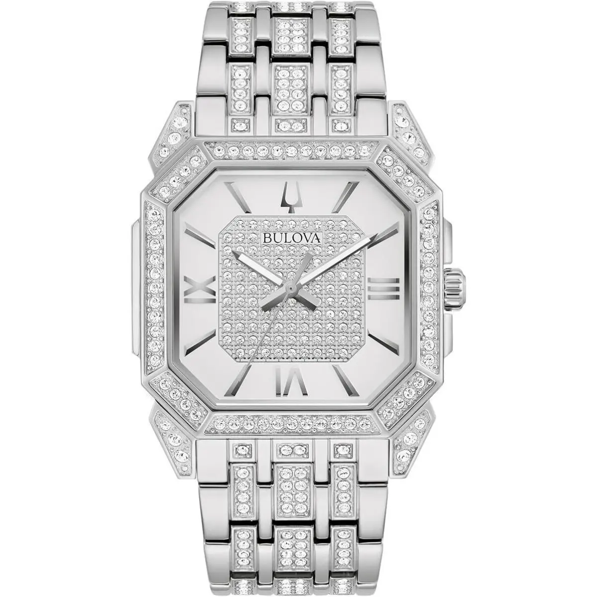 Bulova 96A285 Octava Collection 300 Hand-set Crystals Silver Tone Men`s Watch - Dial: Silver, Band: Silver, Bezel: Silver