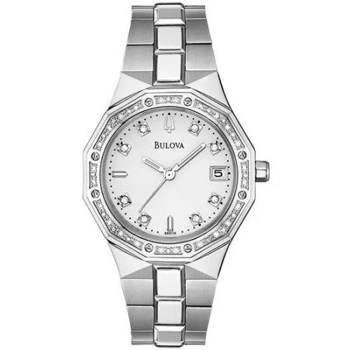 Bulova 96R118 Stainless Steel Silver Tone Date 32 Diamonds Women`s Watch