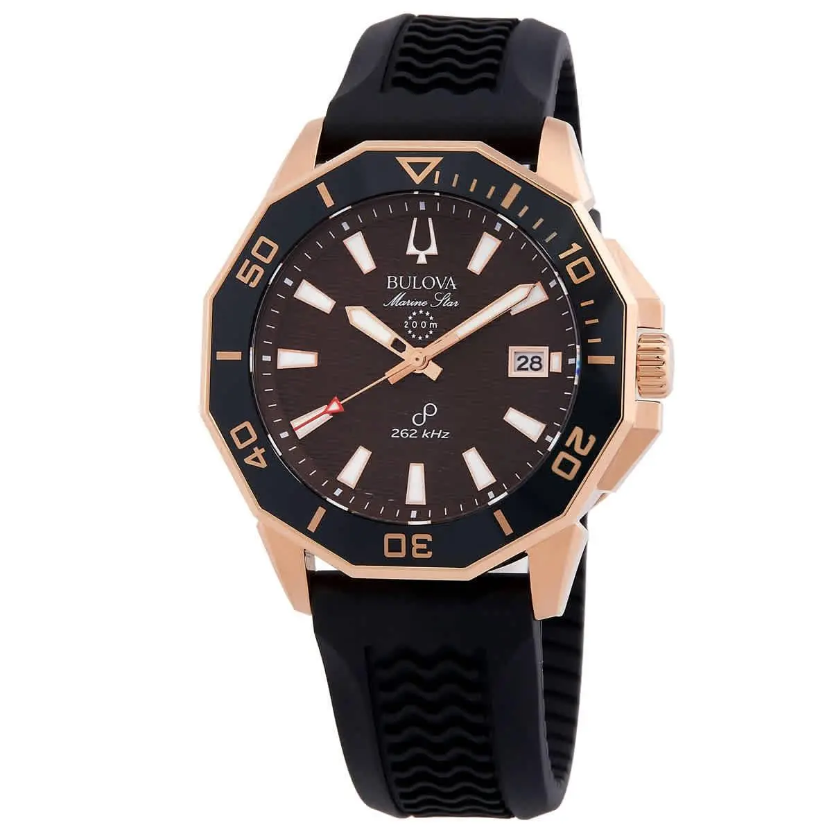 Bulova Marine Star Hpq Precisionist Quartz Brown Dial Men`s Watch 98B421 - Dial: Brown, Band: Black, Bezel: Rose Gold-tone