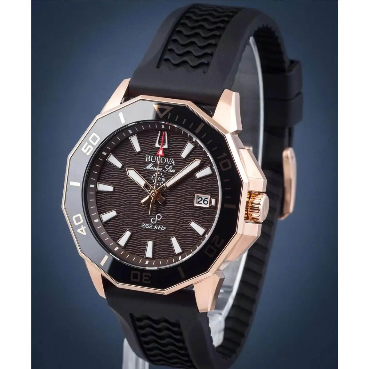Bulova Marine Star Precisionist 98B421 Brown Dial Date Display Men`s Watch - Dial: Brown, Band: Black, Bezel: Rose Gold-tone