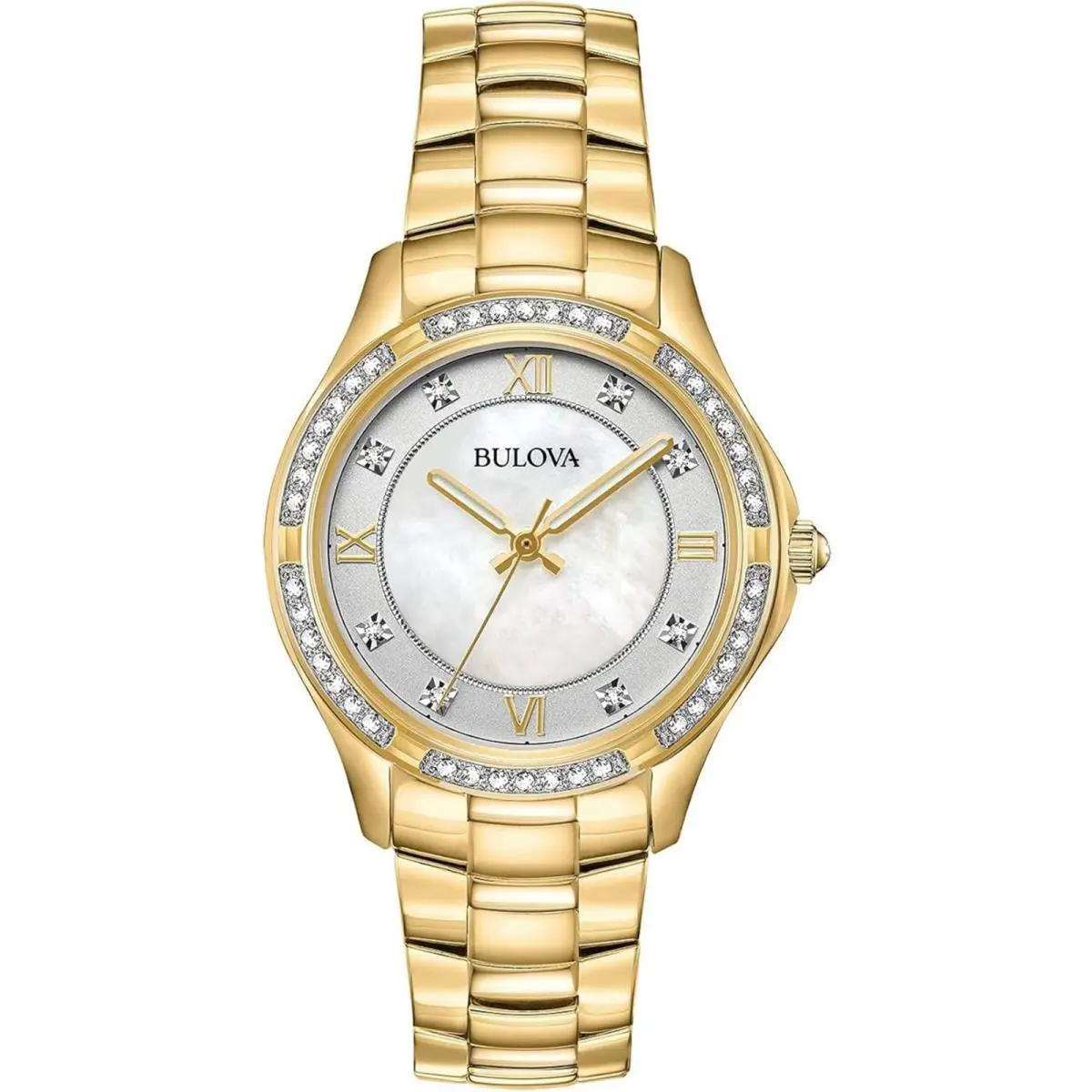 Bulova Women`s Watch White Mother of Pearl Dial Yellow Gold Bracelet 98L256