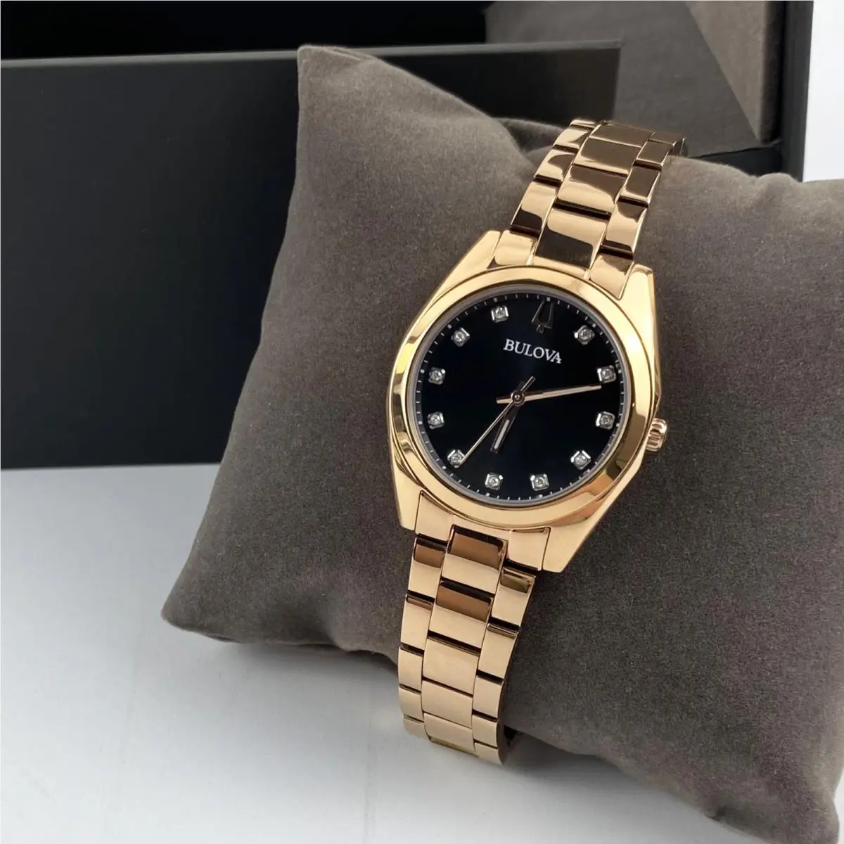 Bulova Surveyor 97P156 Womens Quartz Watch Grey Dial Rose Gold Diamond Stainless