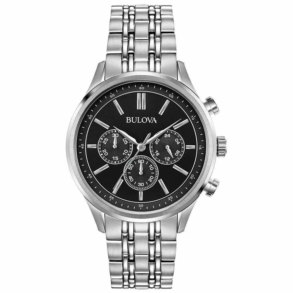 Men`s 96A211 Stainless Chrono Black Dial Bracelet Watch - Silver-tone by Bulova