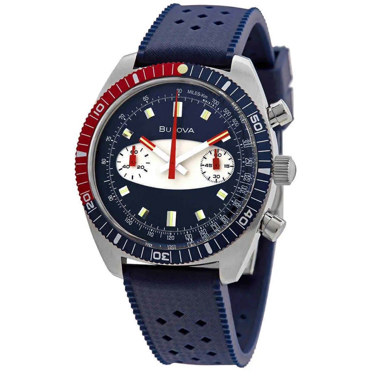 Bulova 98A253 Archive Series Chronograph Blue Dial Pepsi Bezel Men`s Watch - Dial: Blue, Band: Blue, Bezel: Blue & Red