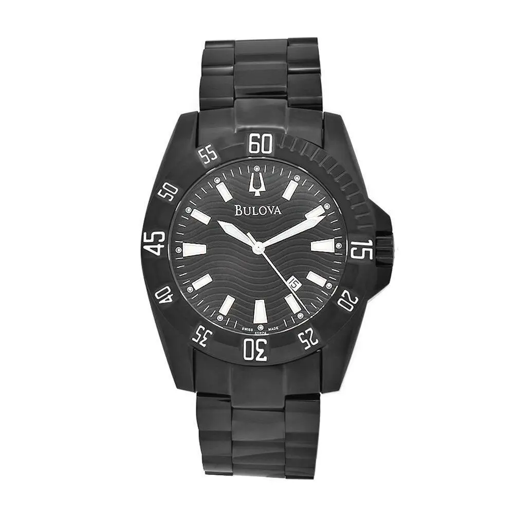 Swiss Made Bulova 65B114 Black Dial Black IP Stainless Steel 200m Men`s Watch