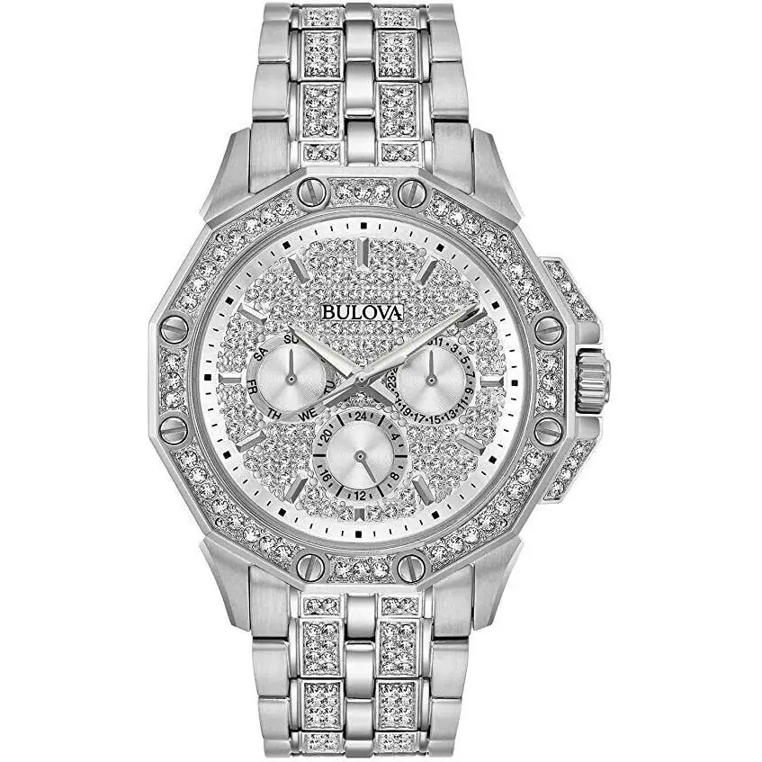 Bulova 96C134 Swarovski Crystal Silver Tone Day Date Men`s Watch