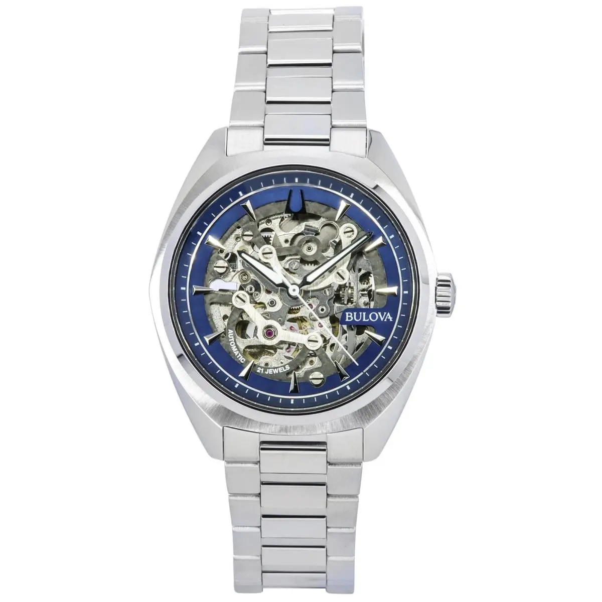 Bulova Classic Surveyor Stainless Steel Skeleton Dial 96A292 100M Mens Watch - Dial: Blue, Band: Silver