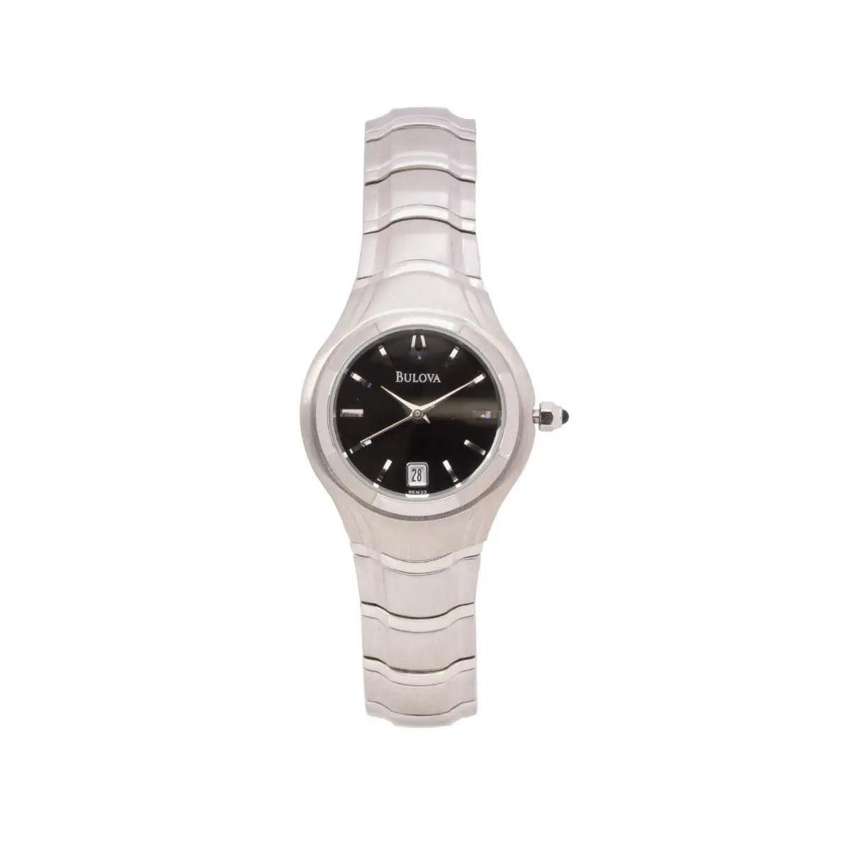 Bulova 96M33 Women`s 27mm Silver Stainless Steel Bracelet Black Dial Date Watch