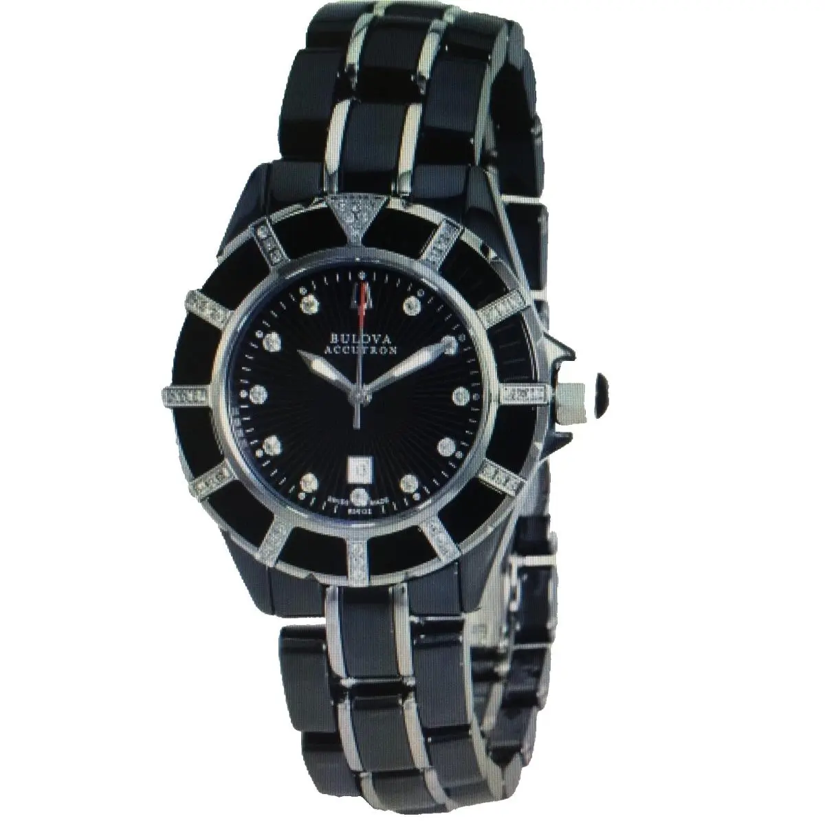 Bulova Accutron 65R132 Women`s Analog Diamond Mother of Pearl Date Ceramic Watch - Dial: Black, Band: Black, Bezel: Black
