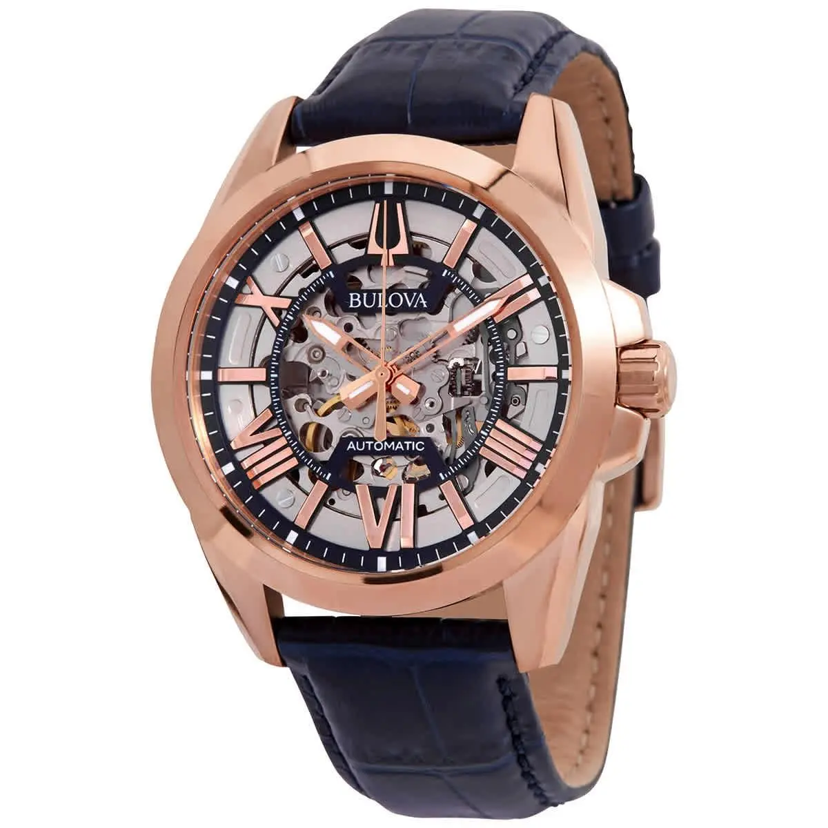 Bulova Sutton Automatic Silver Skeleton Dial Men`s Watch 97A161 - Dial: Rose Gold, Band: Blue, Bezel: Rose Gold