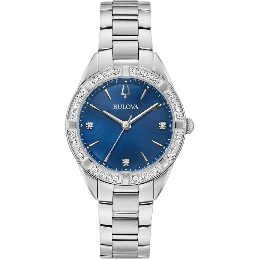 Bulova 96R243 Sutton Blue Dial Diamond Sapphire Crystal Women`s Watch - Dial: Blue, Band: Silver, Bezel: Silver