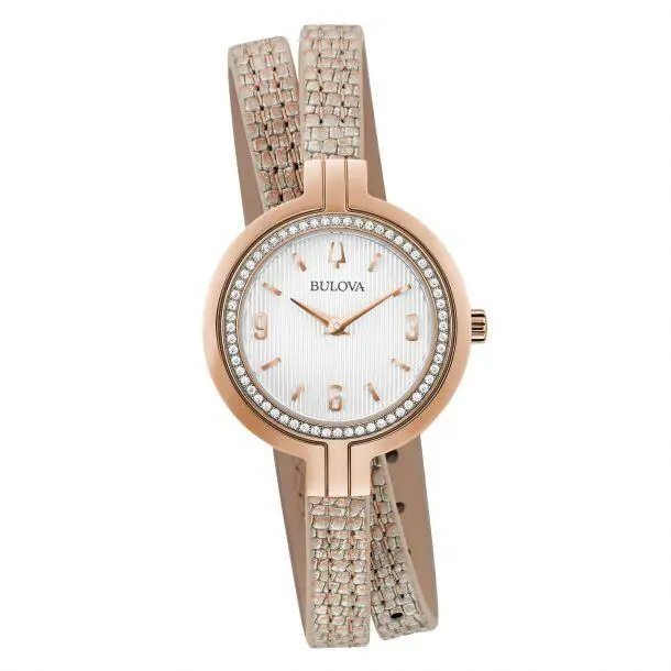 Bulova 98R279 Rhapsody Diamond Leather Double Wrap Strap Women`s Watch - Dial: Silver, Band: Rose, Bezel: Rose Gold