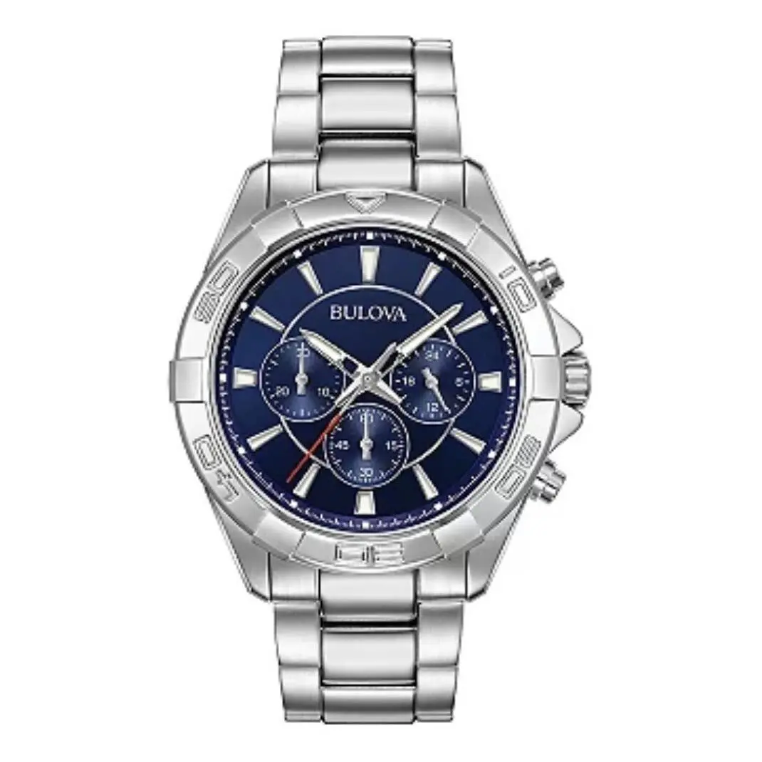 Bulova Men`s Blue Chronograph Stainless Steel Watch 96A215 - Dial: Blue, Band: Silver, Bezel: Silver