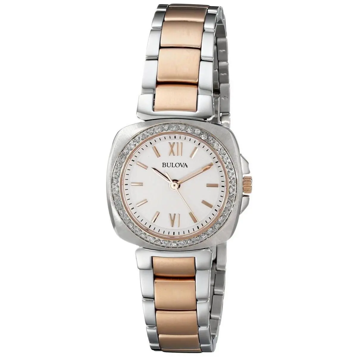 Bulova 98R206 Diamond Gallery Rose Gold Silver Tone 46 Diamonds Watch - Dial: White, Band: Rose Gold and Silver Tone, Bezel: Rose Gold