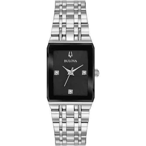Bulova 96P202 Quadra Modern Collection Diamond Dial Women`s Rectangle Watch - Dial: Black, Band: Silver, Bezel: Black