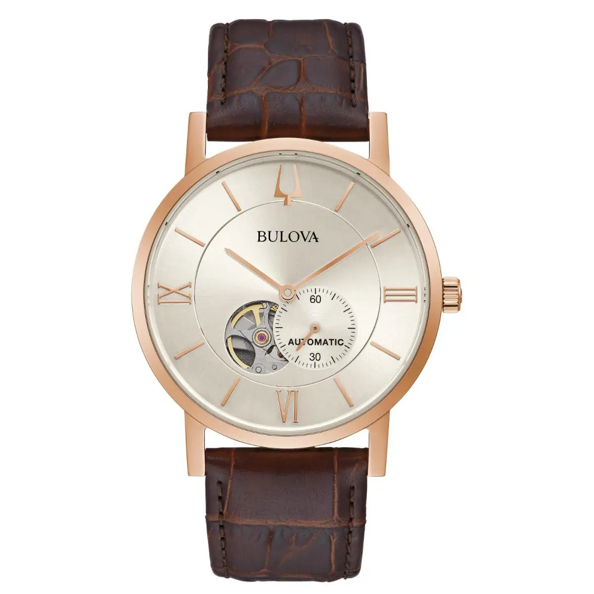 Men`s Classic Automatic Rose Gold Case Brown Leather Watch 42 MM 97A150 by Bulova