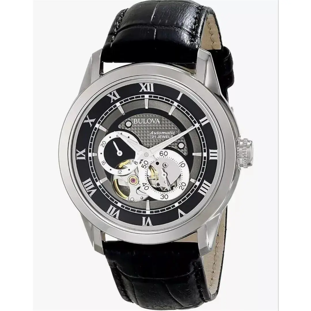 Bulova 96A135 Sutton Automatic Skeleton 21 Jewels Leather Strap Men`s Watch