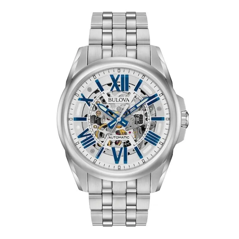 Bulova Men`s Sutton Automatic Skeleton Blue Accent Dial Watch 96A187 - Dial: Silver, Band: Silver, Bezel: Silver