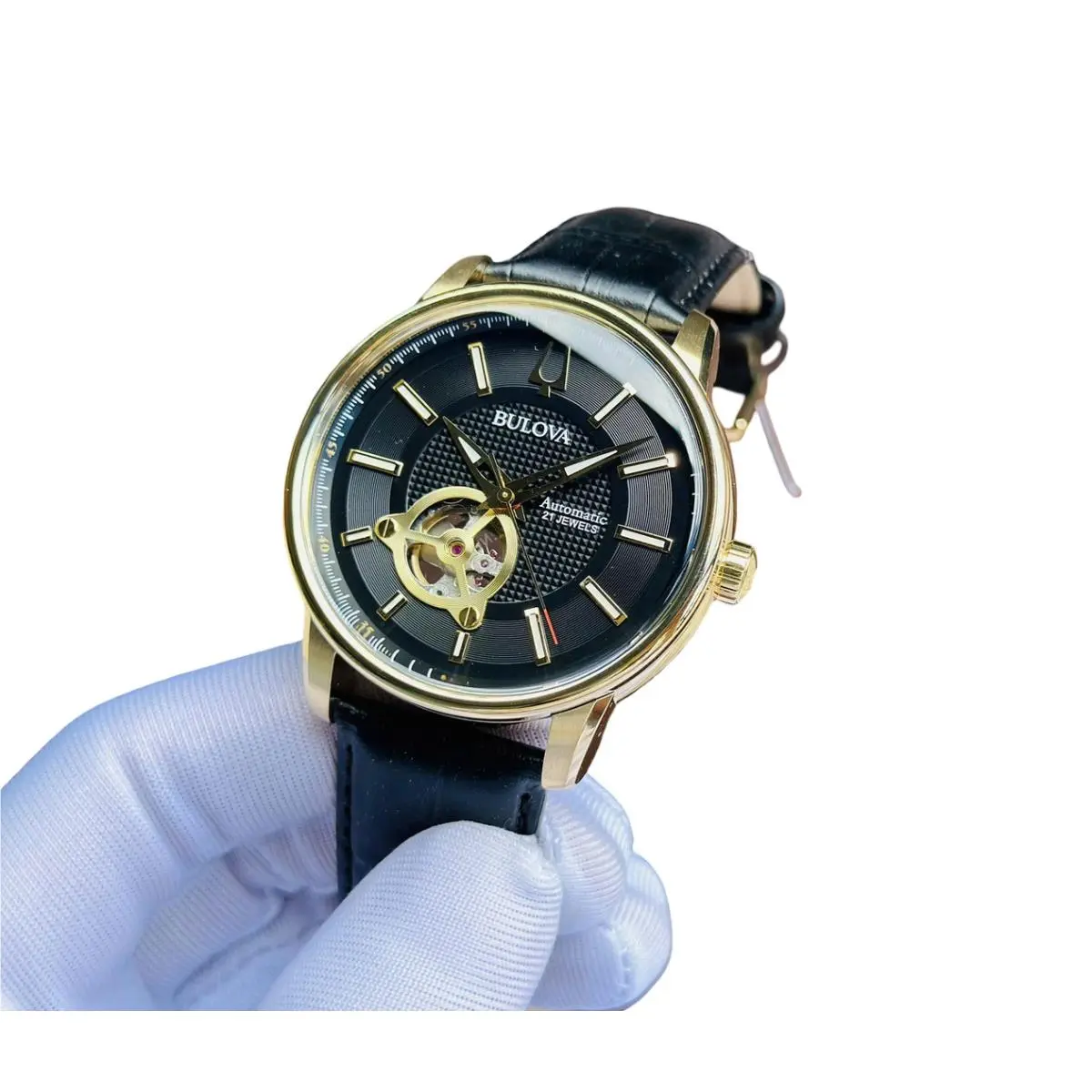 Bulova 97A166 Automatic Gold Tone Black Dial Leather Band Men`s Watch