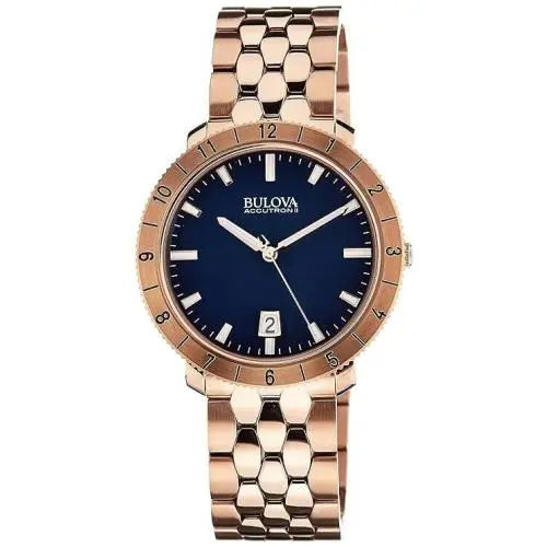 Bulova Accutron II Blue Dial Stainless Steel Rose Gold-tone Men`s Watch 97B130