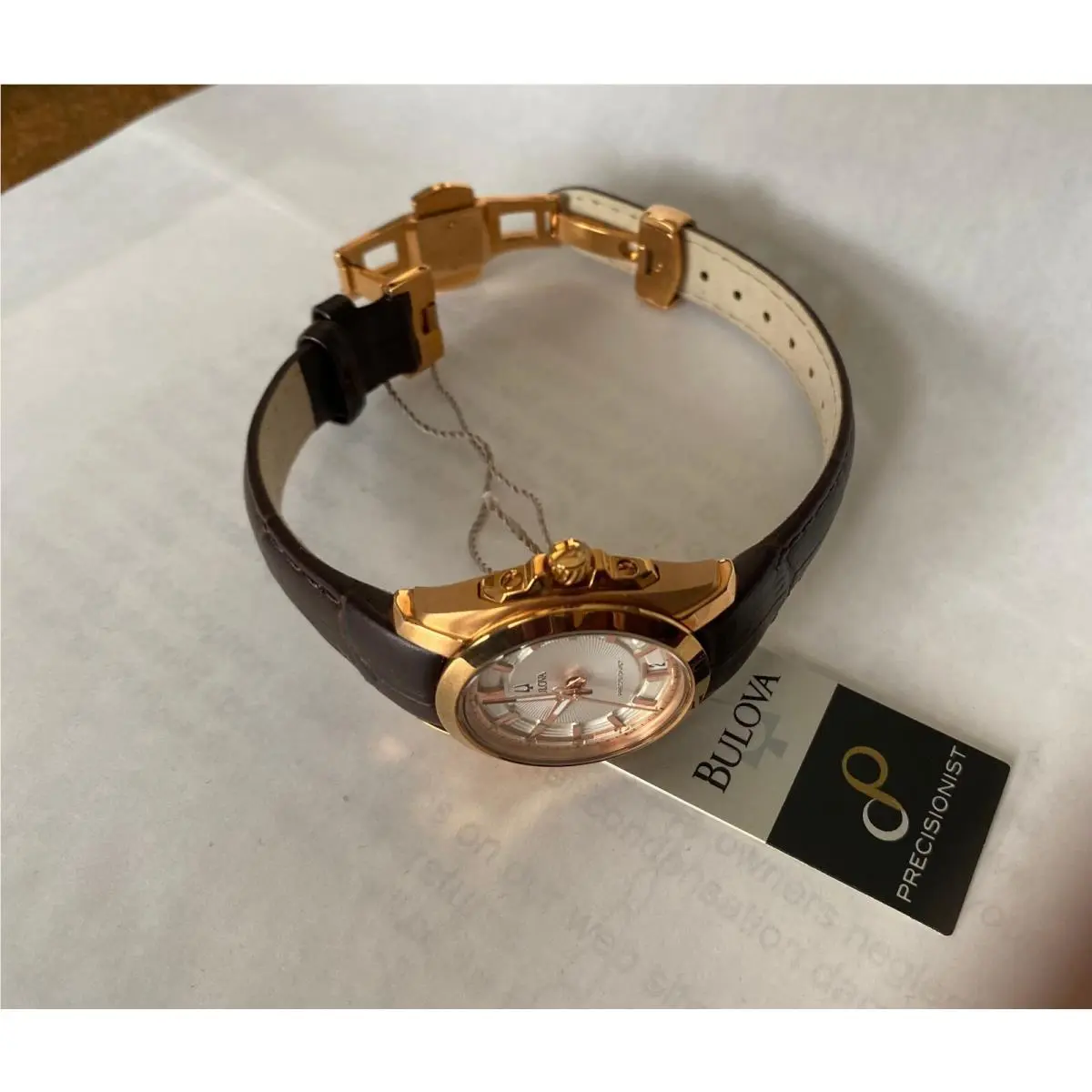 97M104 Women`s Precisionist Rose Gold-tone Case Date Brown Leather Strap by Bulova