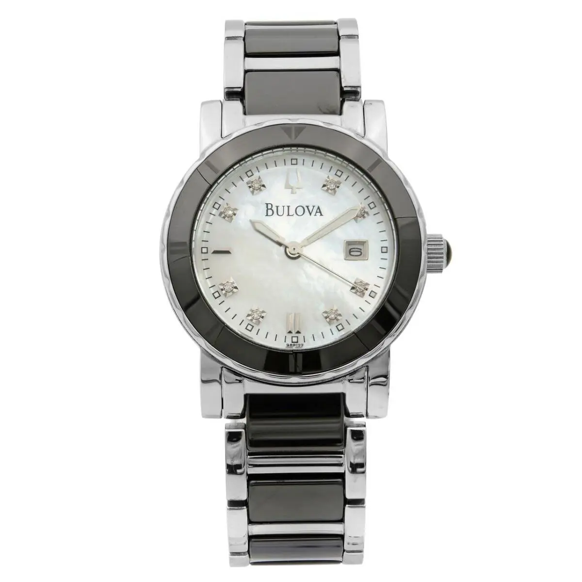 Bulova White Mop Dial 2-Tone Ceramic/ss Women`s Watch 98P122