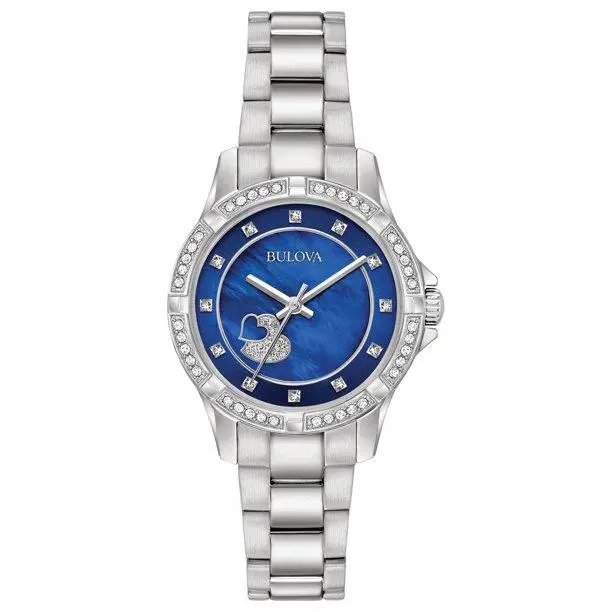 Bulova 96R238 Women`s Classic Crystal Stainless Steel Crystal Heart Dial Watch - Dial: Blue, Band: Silver, Bezel: Silver