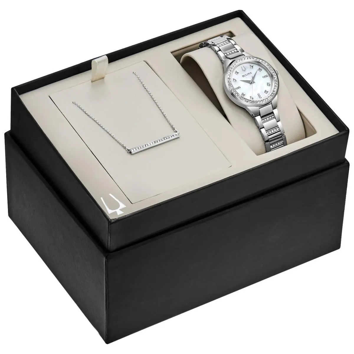 Bulova Women`s Crystal Accents Silver Quartz Watch Necklace Set 32MM 96X147