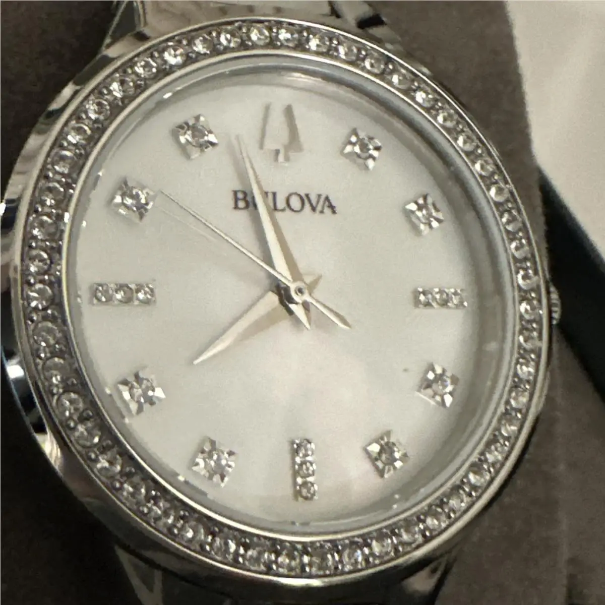 Bulova Women`s Crystal Accents Silver Quartz Watch Necklace Set 32MM 96X147