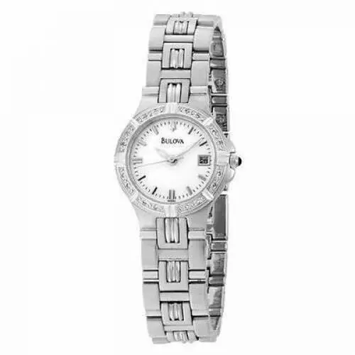 Bulova Women`s 96R04 Quartz 16 Diamond Accent Stainless Steel Round Watch - Dial: White, Band: Silver