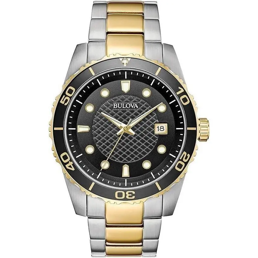 Men`s Bulova Watch Classic Chronograph Two-tone Stainless Steel Dress 98A199 - Dial: Black, Band: Gold, Silver