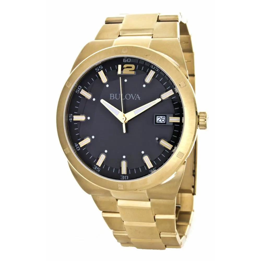 Men`s Bulova Classic Black Dial Gold Tone Stainless Steel Band Watch 97B141 - Dial: Black, Bezel: Black Gold