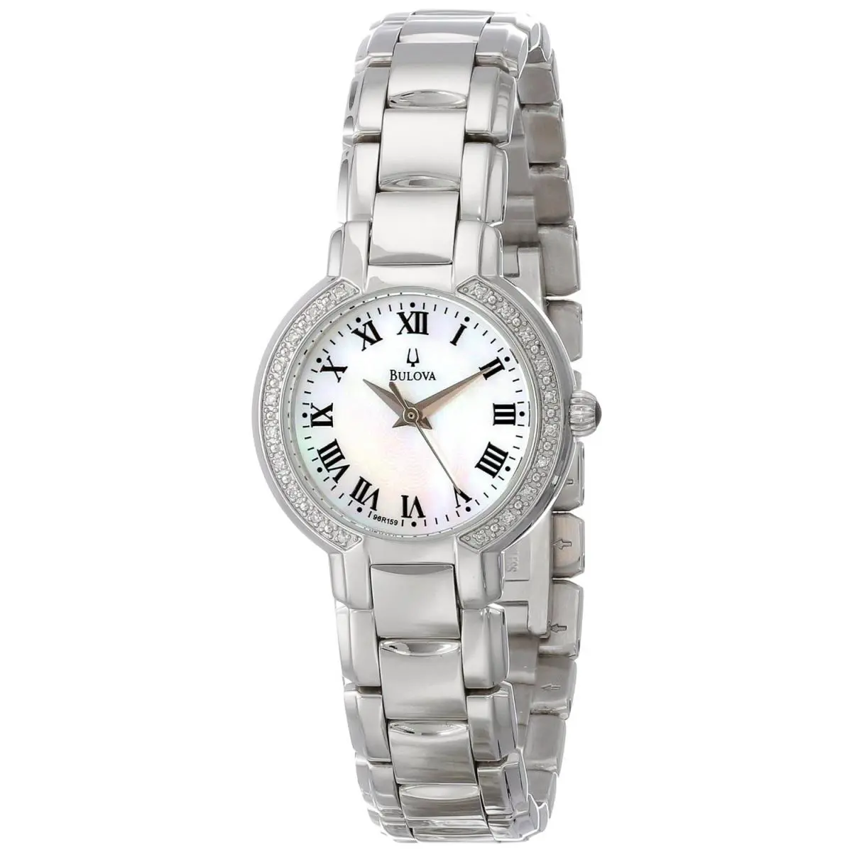 Bulova White Mop Dial Diamonds Stainless Steel Women`s Watch 96R159 - Dial: White, Band: Silver