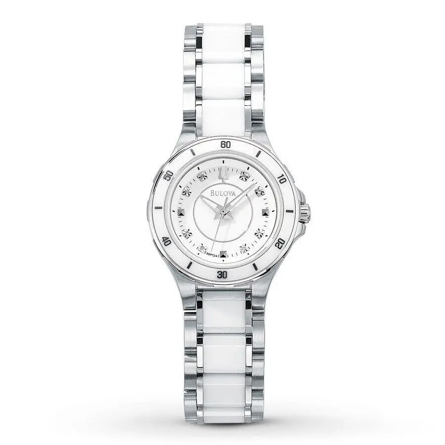 Bulova 98P124 Diamond Dial St. Steel White Ceramic Band Women`s Watch
