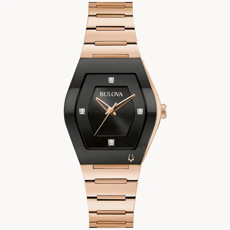 Bulova Women`s Watch Gemini Quartz Black Dial Rose Gold Bracelet Diamond 97P158
