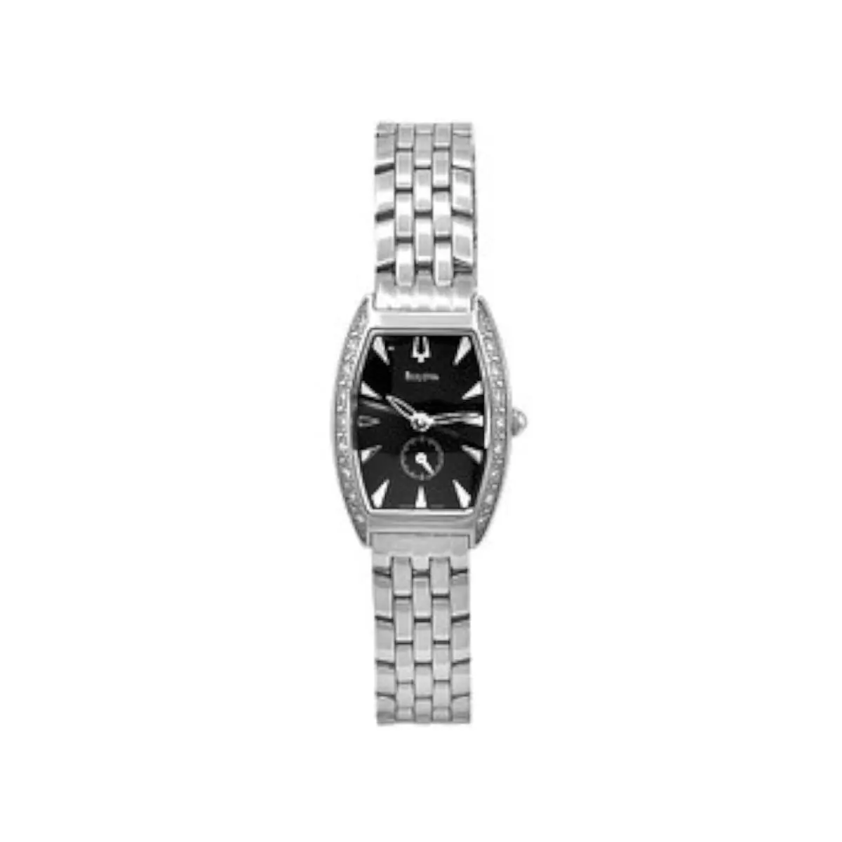 Bulova 63R44 Women`s Tonneau Diamond Bezel Black Dial Polished Steel Watch