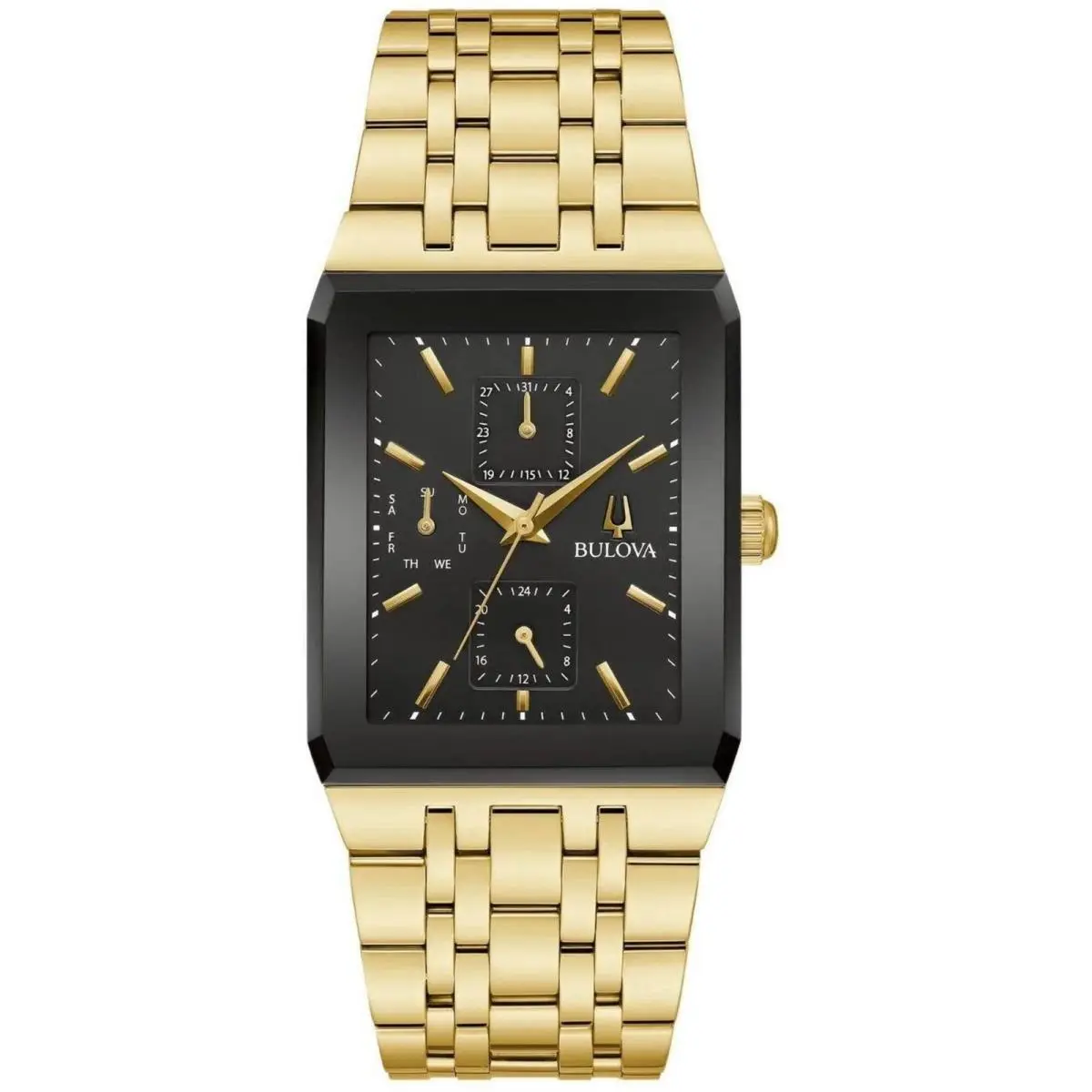 Bulova Men`s Watch Dante Quartz Black Dial Yellow Gold Steel Bracelet 97C113