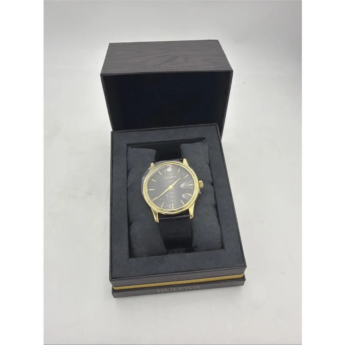 Nos  97F55 Men’s Quartz Watch Black Dial Gold Case Diamond Accent W/box by Bulova